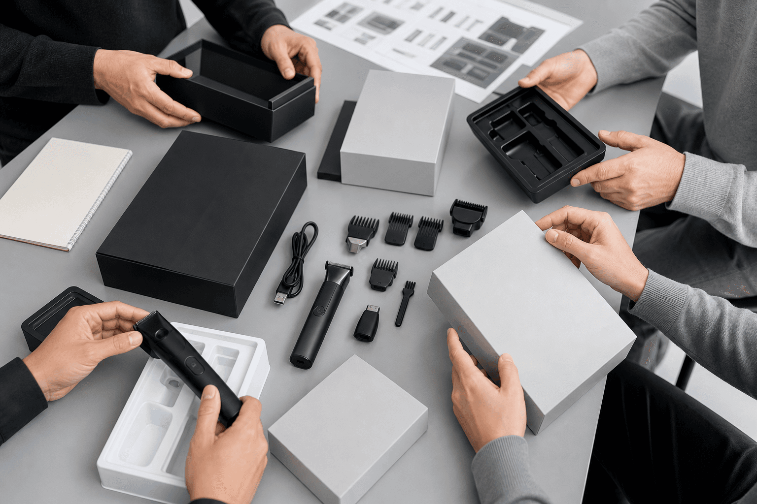 Buyer and supplier reviewing packaging and components for an Amazon grooming kit