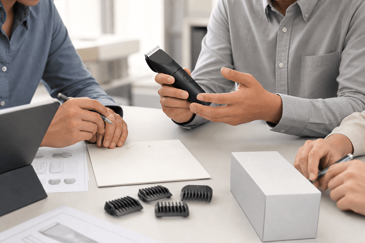 Buyer and supplier reviewing a private-label body groomer project