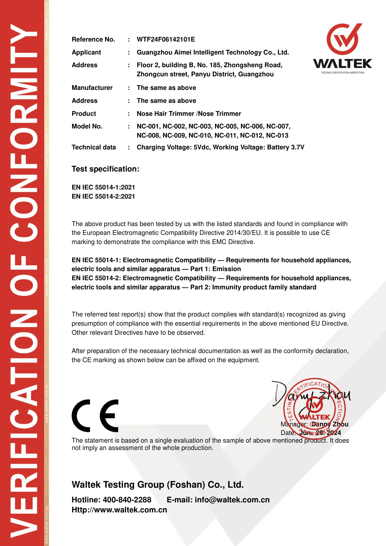 CE EMC Verification certificate preview