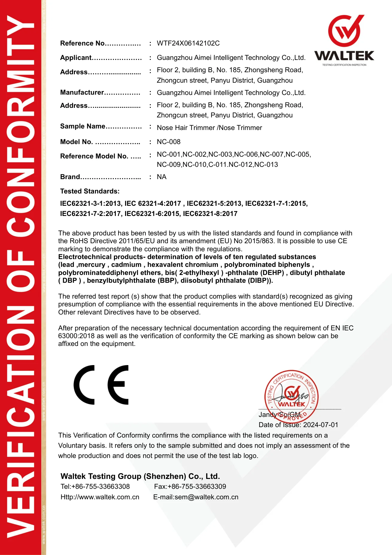 RoHS Verification certificate preview