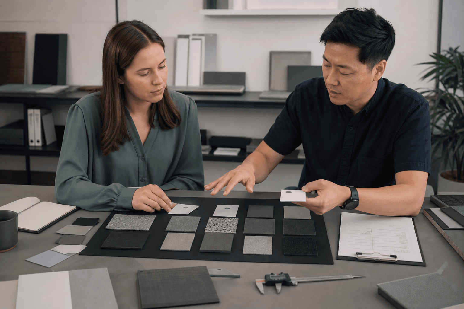 Buyer and factory team comparing sample feedback, materials and validation notes