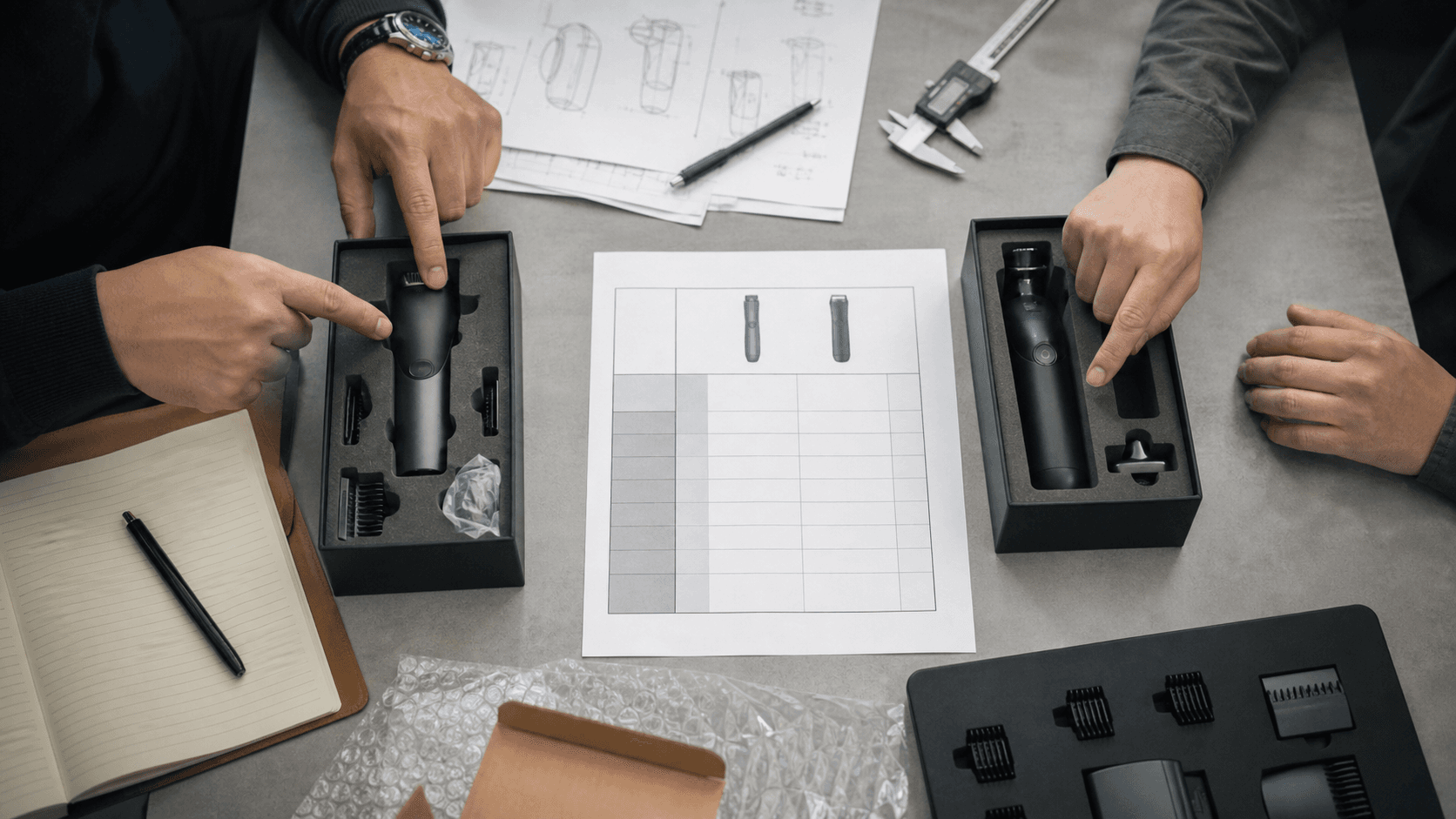 Einkäufer und Ingenieur vergleichen Musterversionen vor einer OEM-Entscheidung