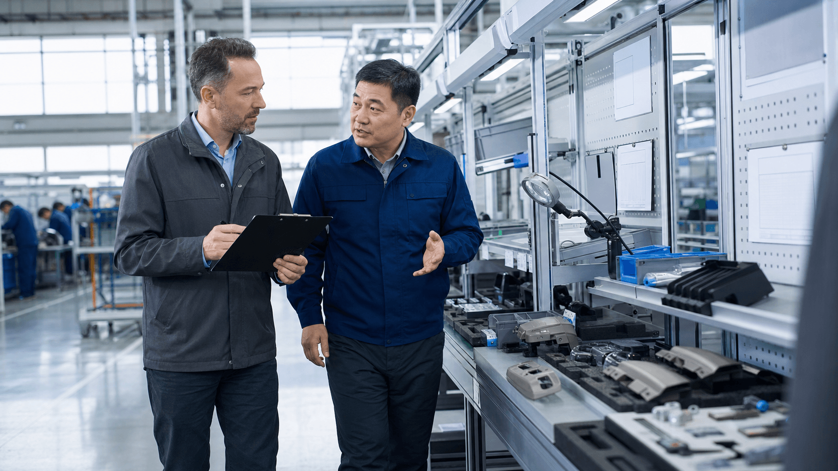Buyer and factory quality manager reviewing an assembly operation