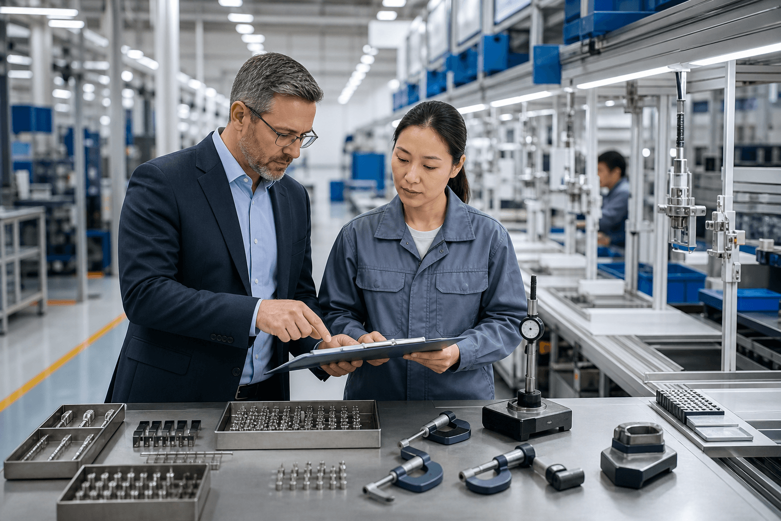 Buyer and factory quality team reviewing a production evaluation checklist