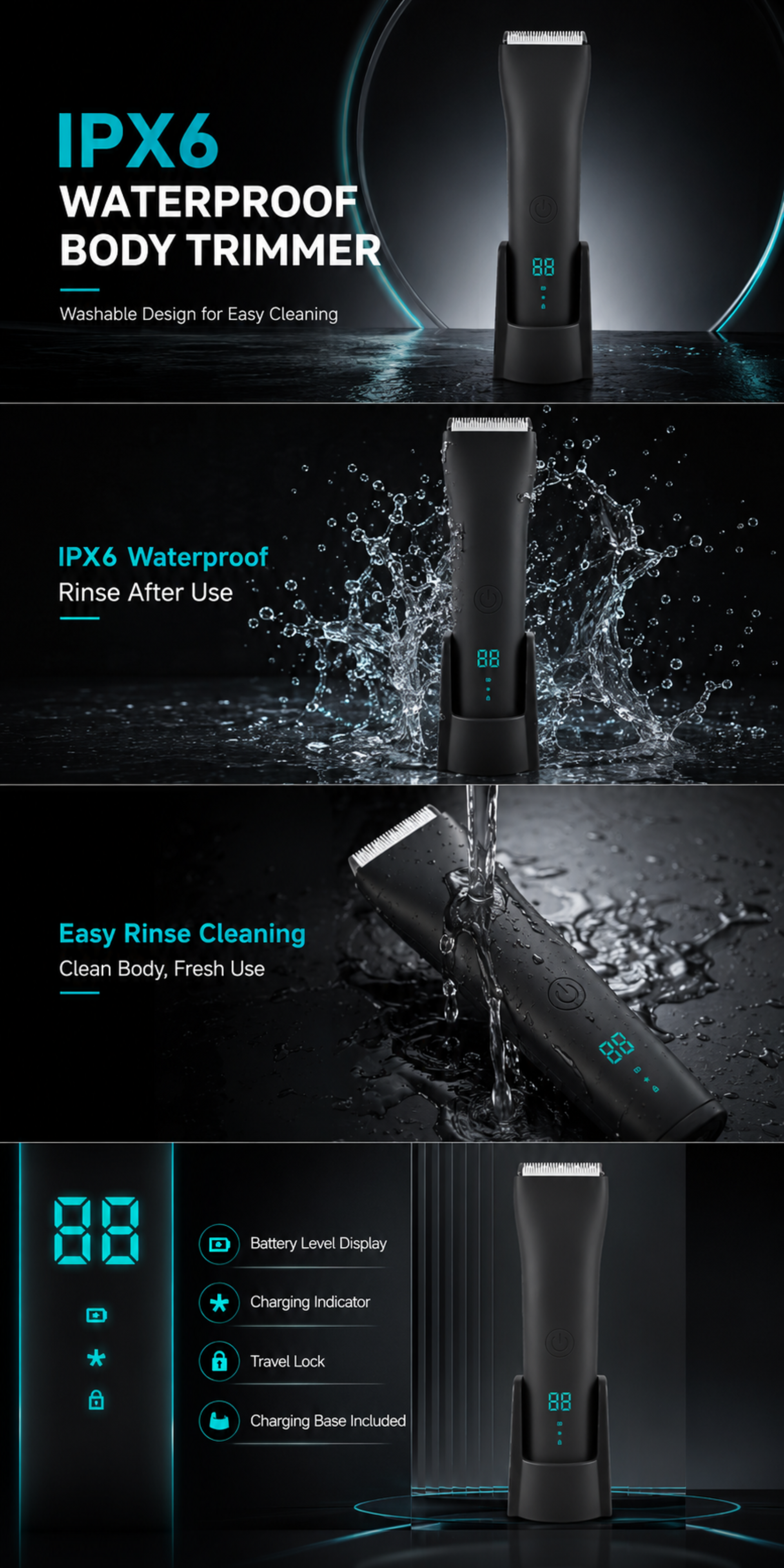 AIMEI HC-W052 waterproof body trimmer with LED display and charging base.