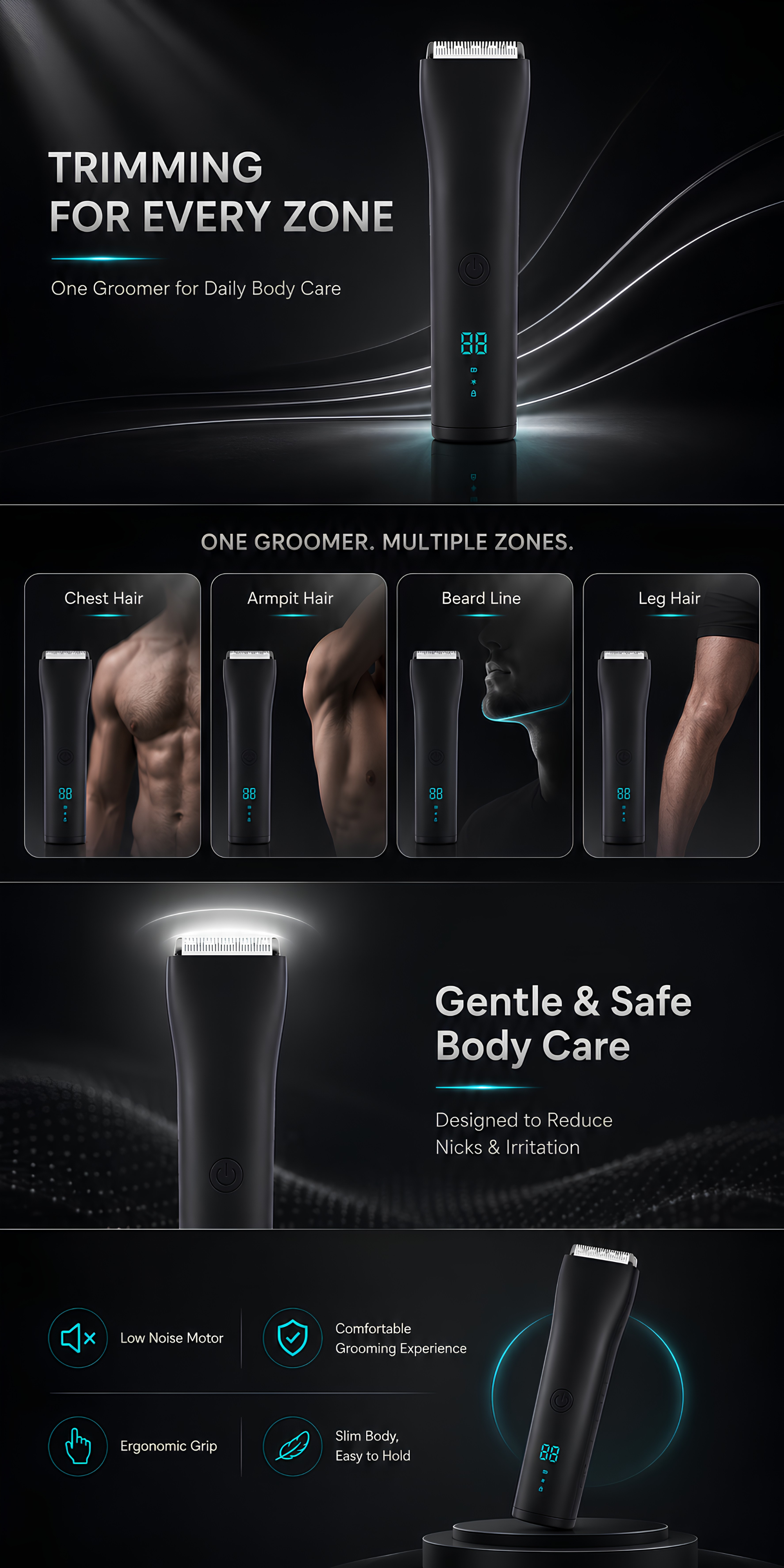 AIMEI HC-W052 body trimmer showcasing ergonomic design and LED display.