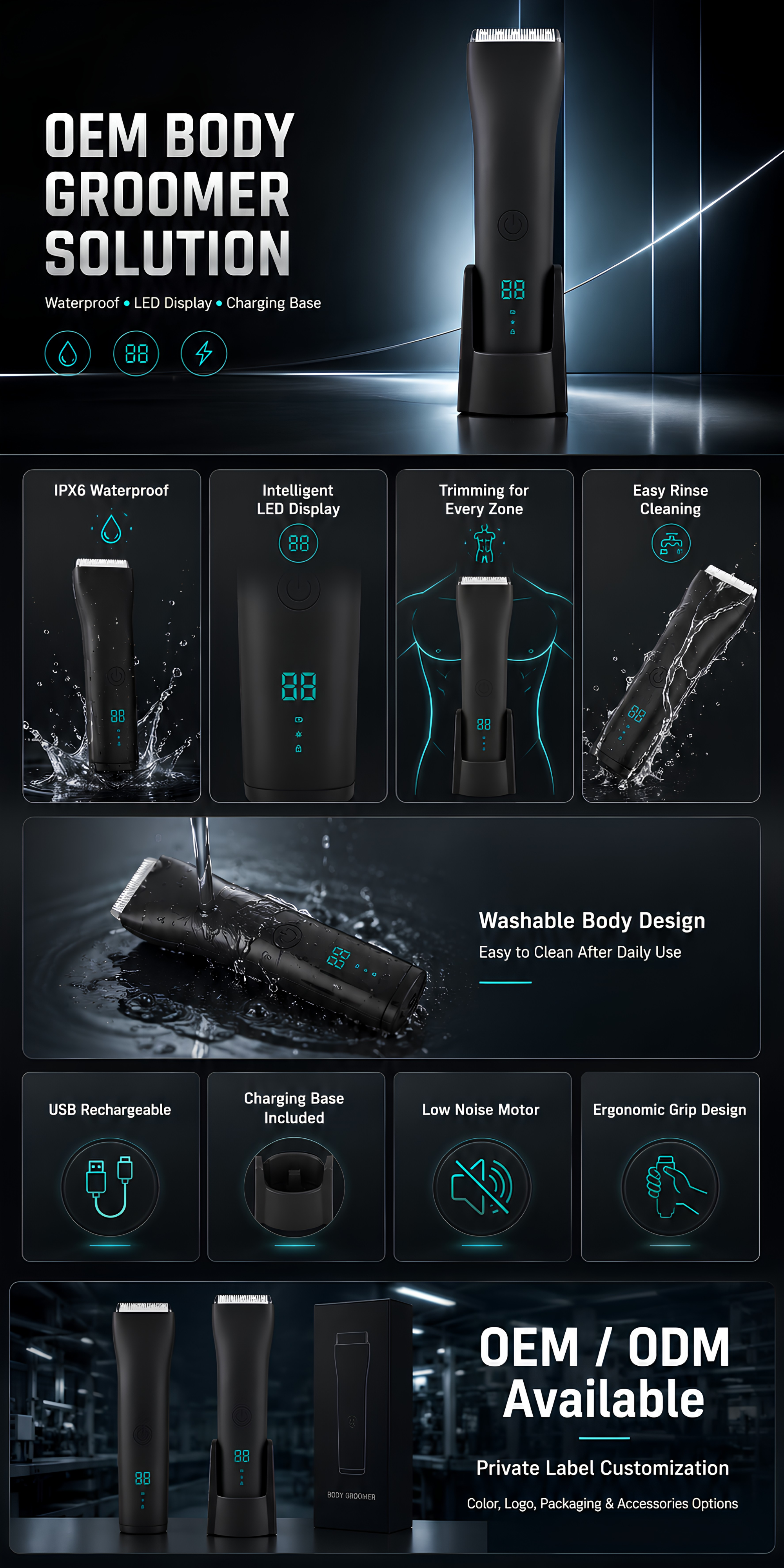 AIMEI HC-W052 body trimmer with LED display and charging base, showcasing its waterproof design.